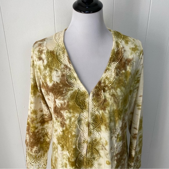 LOGO Lori Goldstein Lavish Cream Brown Tie-Dye Crochet Lace Duster Pockets Sz M - Picture 3 of 16